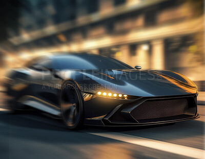 Luxury, fast and closeup with car in city for motion blur, highway and sports. Ai generated, speed and destination with futuristic vehicle driving on road for automobile, travel and transportation