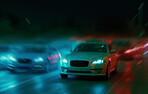 Motion blur, speed and night with cars in city for traffic, highway and lighting. Ai generated, fast and destination with futuristic vehicle driving on road for automobile, travel and transportation