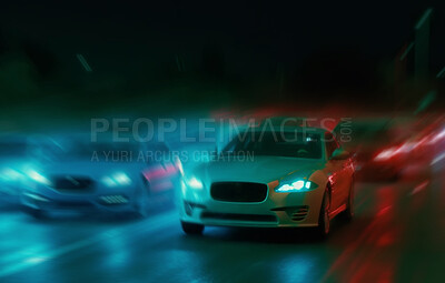 Motion blur, speed and night with cars in city for traffic, highway and lighting. Ai generated, fast and destination with futuristic vehicle driving on road for automobile, travel and transportation