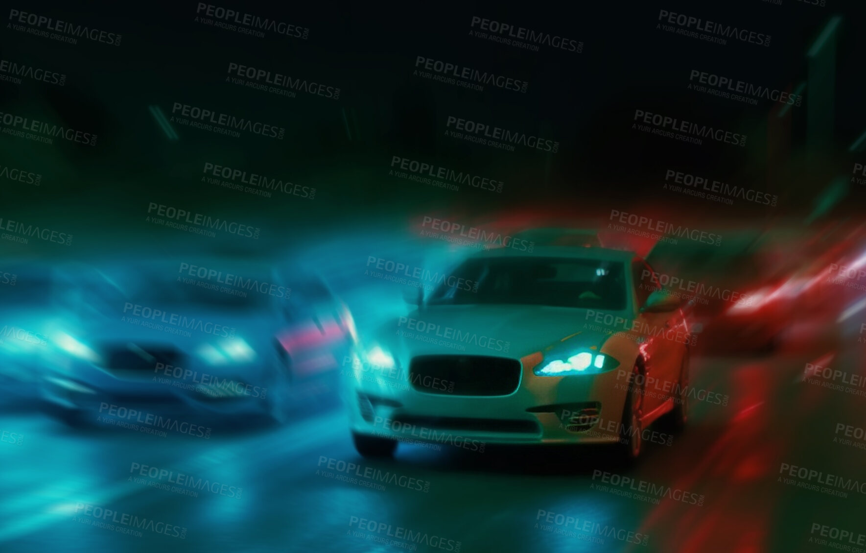 Buy stock photo Motion blur, speed and night with cars in city for traffic, highway and lighting. Ai generated, fast and destination with futuristic vehicle driving on road for automobile, travel and transportation