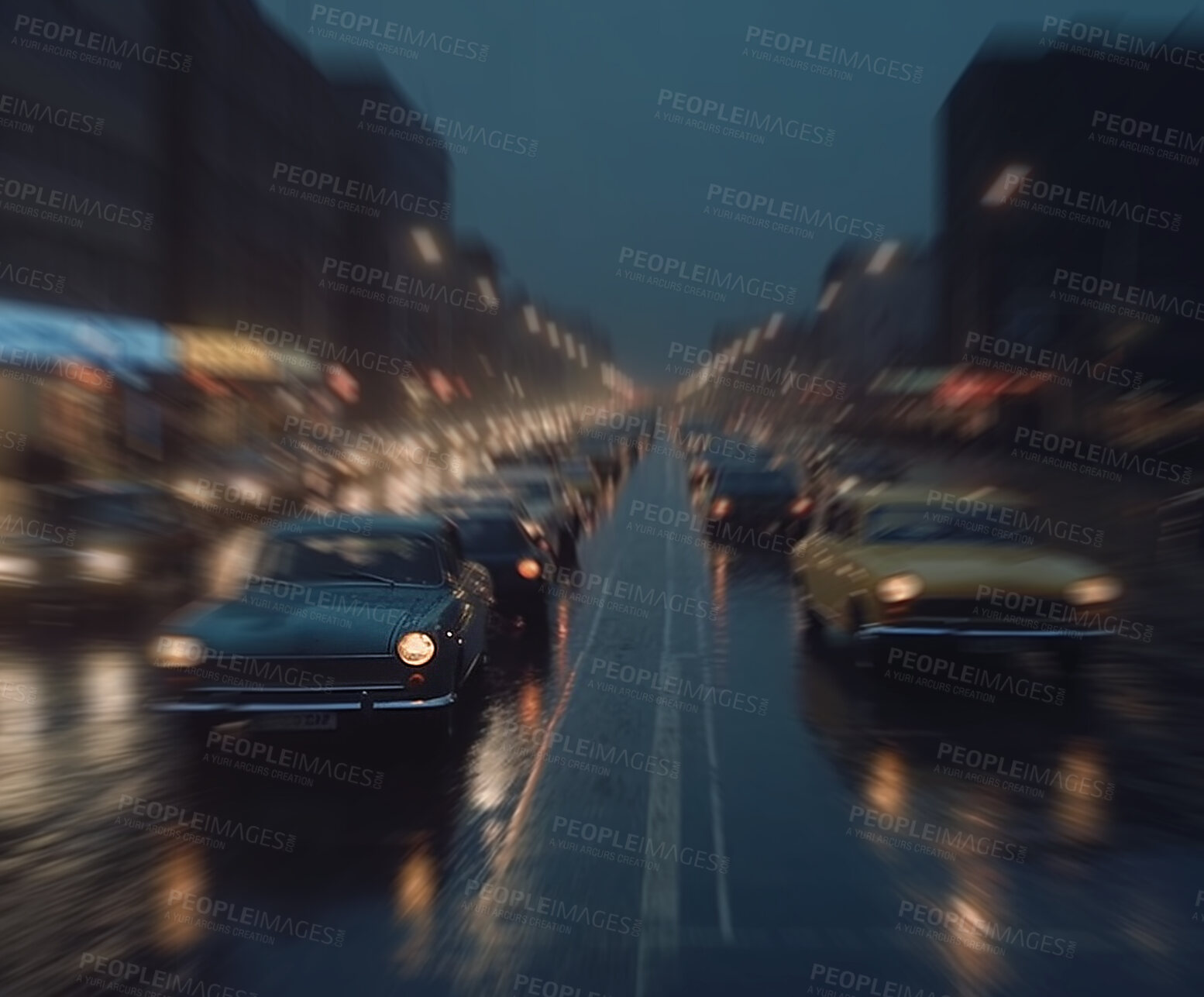 Buy stock photo Night, highway and traffic with cars on road for transportation, commute and busy. Ai generated, destination and rain with vehicles driving in city street for automobile, travel and roadtrip