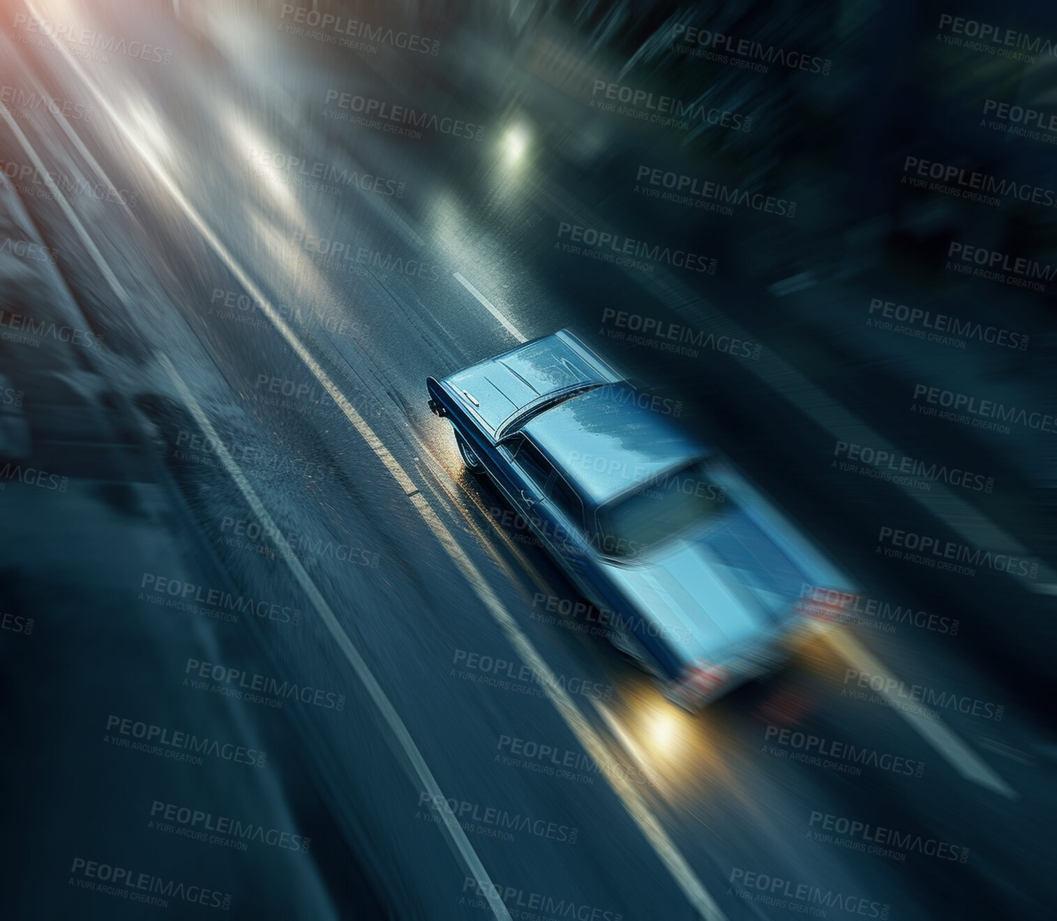 Buy stock photo Speed, highway and motion blur with car on road for transportation, commute and fast. Ai generated, destination and rain with vehicles driving in city street for automobile, travel and roadtrip