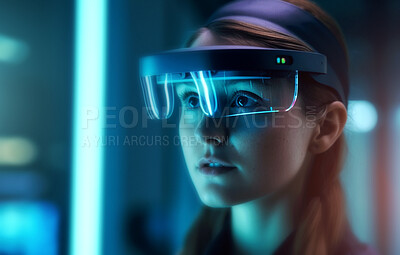 Girl, vision and virtual reality glasses at night for neon gaming, e sports and cyberspace entertainment. Ai generated, female person and vr for metaverse gaming, future and interactive video game