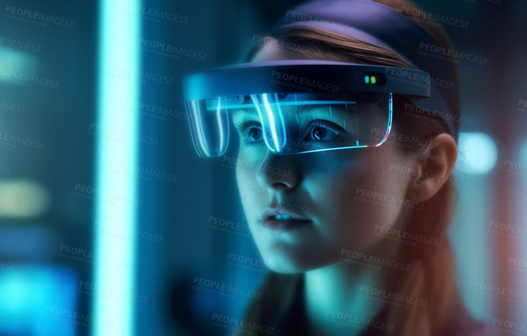 Buy stock photo Girl, vision and virtual reality glasses at night for neon gaming, e sports and cyberspace entertainment. Ai generated, female person and vr for metaverse gaming, future and interactive video game