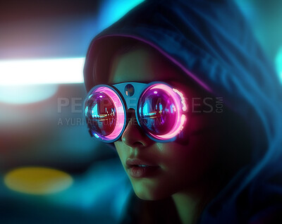 Girl, closeup and virtual reality glasses at night for neon gaming, e sports and cyberspace entertainment. Ai generated, female person and vr for metaverse gaming, future and interactive video game