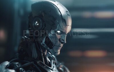 Closeup, metal and robot machine for war, fight and sci fi military machinery. Ai generated, bot or scifi marine for infantry attack, fantasy and robotics head for automated combat cyborg and soldier