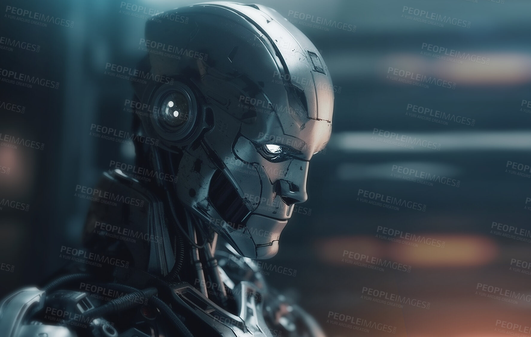 Buy stock photo Closeup, metal and robot machine for war, fight and sci fi military machinery. Ai generated, bot or scifi marine for infantry attack, fantasy and robotics head for automated combat cyborg and soldier