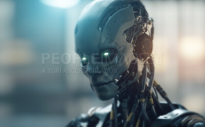 Closeup, metal and robot machine for war, fight and sci fi military machinery. Ai generated, bot or scifi marine for infantry attack, fantasy and robotics head for automated combat cyborg and soldier