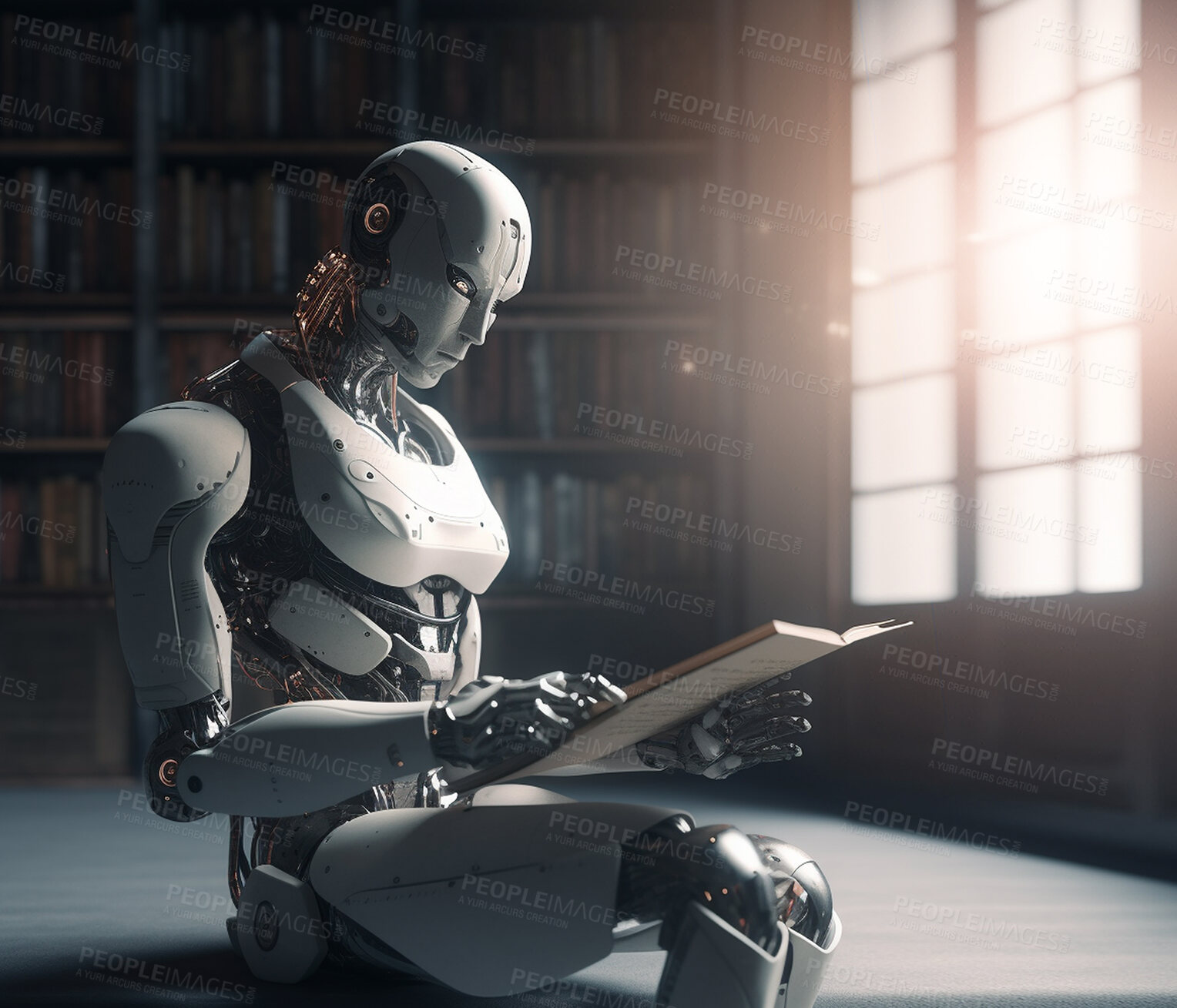 Buy stock photo Robot, reading and story telling book in library, house and home for education, learning and artificial intelligence study. Ai generated, robotics and automated sci fi machinery with studying books