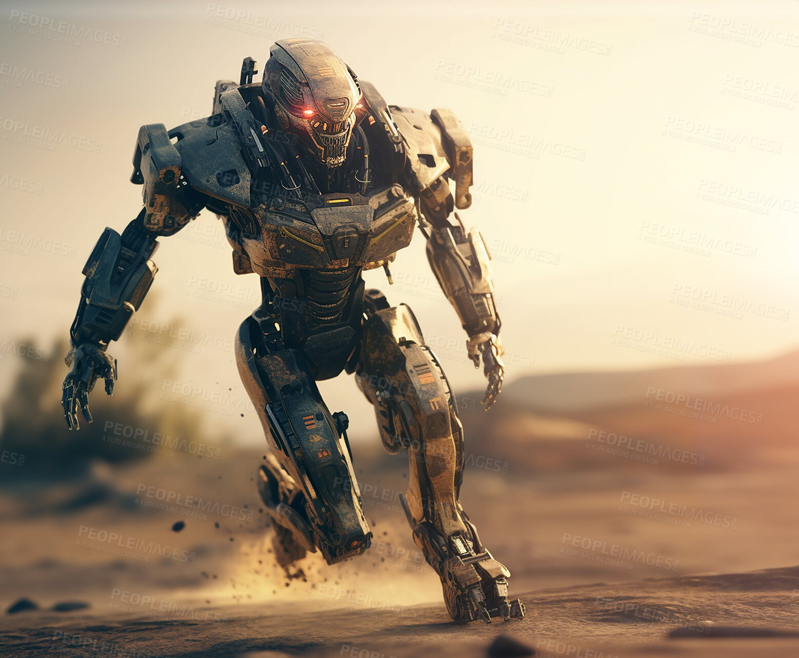 Buy stock photo Robot, machine and running on sand ground for war, fight and sci fi military machinery. Ai generated, run or metal scifi marine for infantry attack, fantasy and robotics for automated combat cyborg