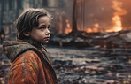 Sad, war and apocalypse with child in city for explosion, crisis catastrophe and attack. Ai generated, homeless and fire with young orphan and lost in town for demolished, danger and armageddon