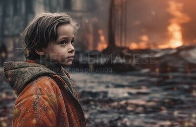 Sad, war and apocalypse with child in city for explosion, crisis catastrophe and attack. Ai generated, homeless and fire with young orphan and lost in town for demolished, danger and armageddon