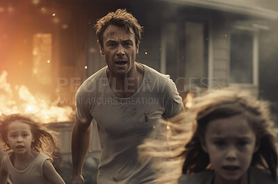 Running, family and scared with house on fire for explosion, catastrophe and apocalypse. Ai generated, terror and war with people and escape from burning home for fear, danger and armageddon