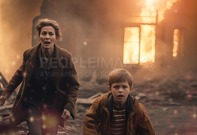 Running, mother and son with house on fire for explosion, catastrophe and apocalypse. Ai generated, terror and burning with people and escape from family home for demolished, danger and armageddon