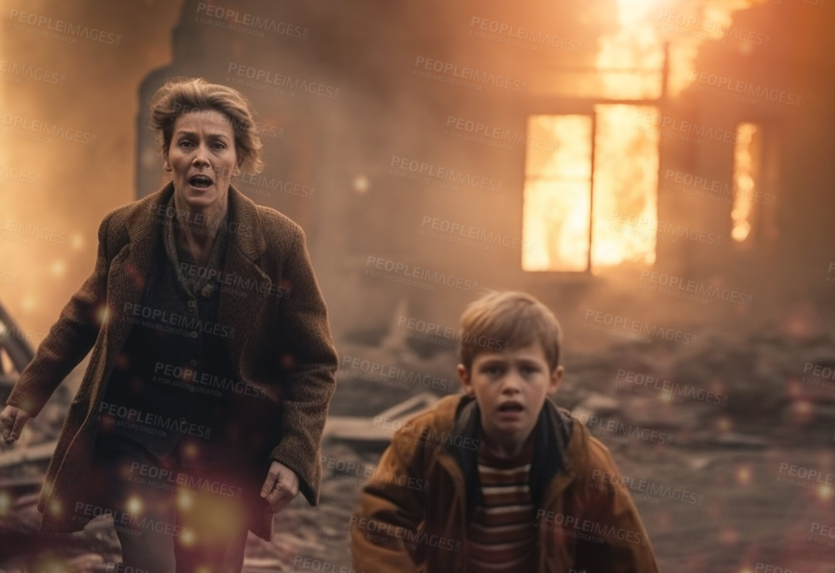 Buy stock photo Running, mother and son with house on fire for explosion, catastrophe and apocalypse. Ai generated, terror and burning with people and escape from family home for demolished, danger and armageddon