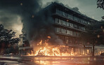 Fire, apocalypse and explosion with building in city for military attack, danger and destruction. Ai generated, war and armageddon with bomb destruction in town for disaster, crisis and action