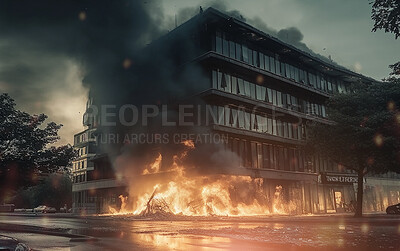 Fire, apocalypse and explosion with building in city for military attack, danger and destruction. Ai generated, war and armageddon with bomb destruction in town for disaster, crisis and action