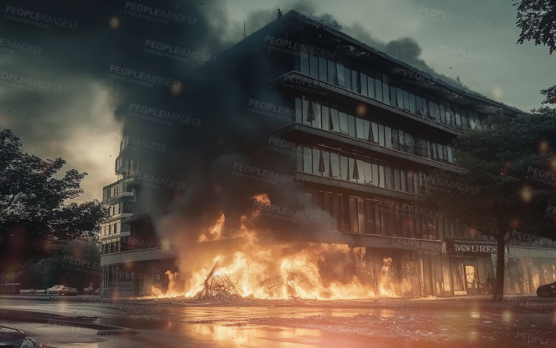 Buy stock photo Fire, apocalypse and explosion with building in city for military attack, danger and destruction. Ai generated, war and armageddon with bomb destruction in town for disaster, crisis and action