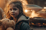 Sad, fire and apocalypse with child in city for explosion, catastrophe and war. Ai generated, homeless and burning with young orphan and lost in town for demolished, danger and armageddon