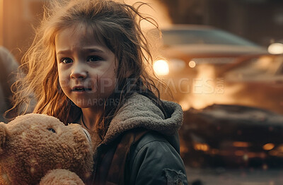 Sad, fire and apocalypse with child in city for explosion, catastrophe and war. Ai generated, homeless and burning with young orphan and lost in town for demolished, danger and armageddon
