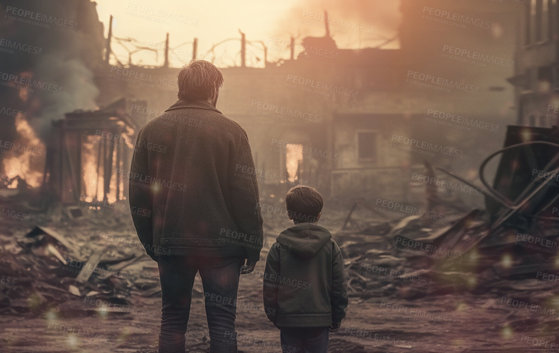 Buy stock photo Sad, father and son with house on fire for explosion, catastrophe and apocalypse. Ai generated, construction and burning with people and burnt family home for demolished, danger and armageddon