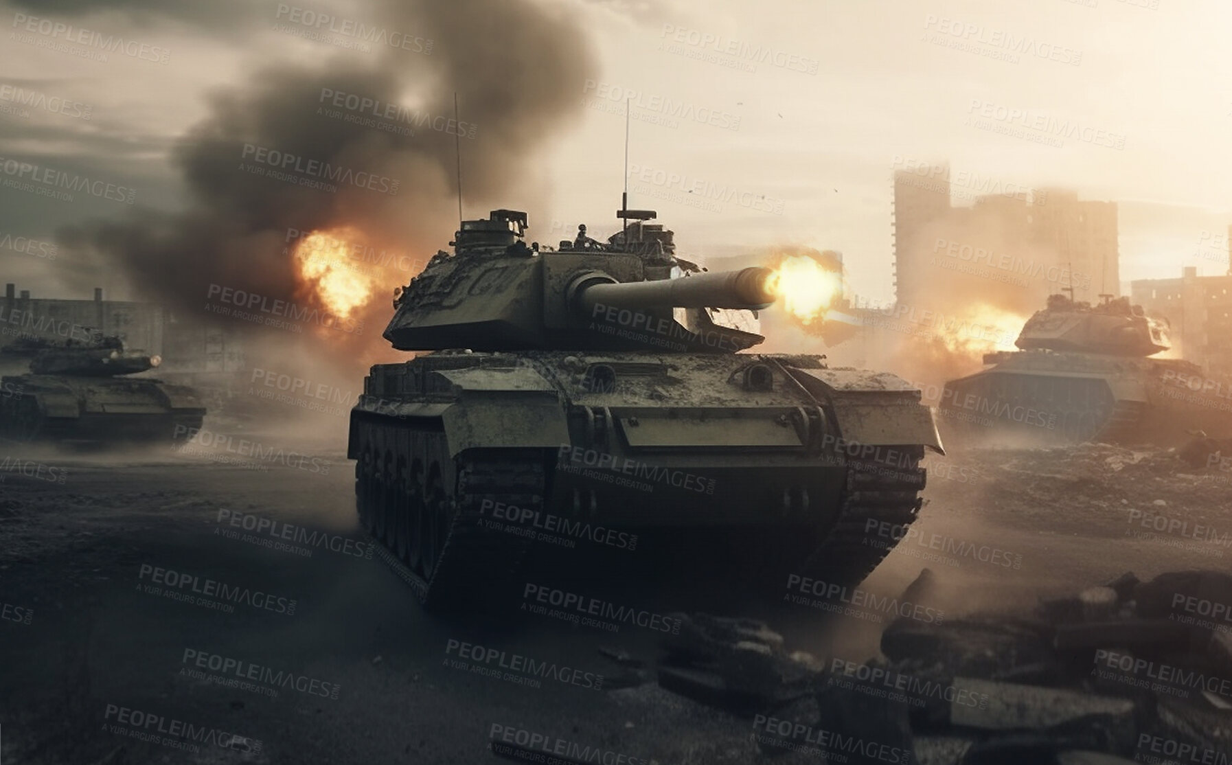 Buy stock photo Battlefield, army and military with tank in war for danger, disaster and fight. Ai generated, explosion and bomb action with weapons vehicle on mission for camouflage, apocalypse and marine service