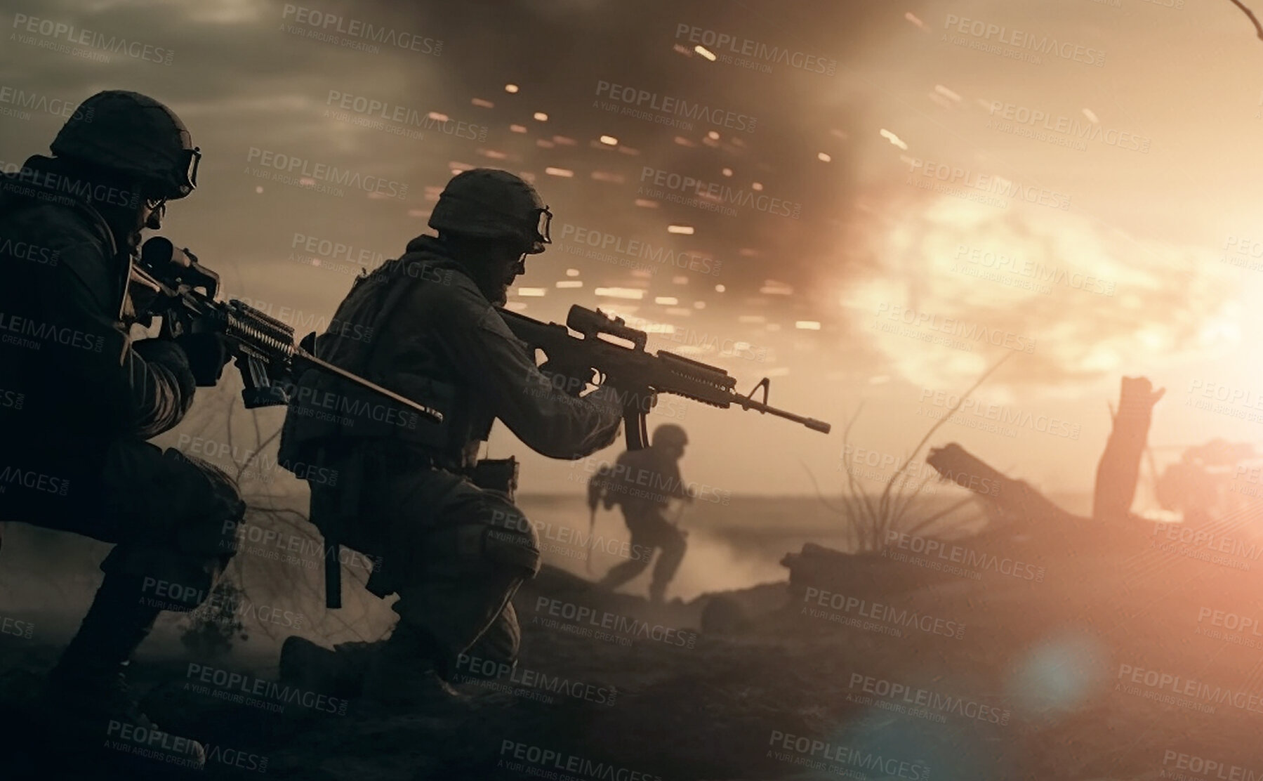 Buy stock photo Battlefield, fight and military with people at war for danger, disaster and army. Ai generated, explosion and bomb action with soldiers on mission for camouflage, apocalypse and marine service