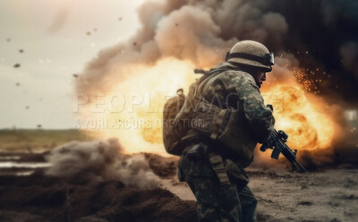 Battlefield, explosion and military with man at war for danger, disaster and army. Ai generated, fight and bomb action with soldiers on mission for camouflage, apocalypse and marine service