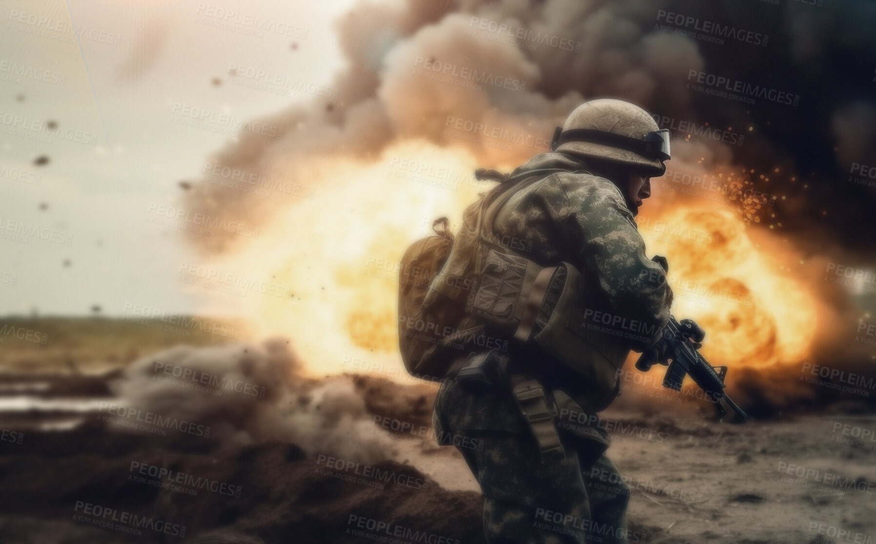 Buy stock photo Battlefield, explosion and military with man at war for danger, disaster and army. Ai generated, fight and bomb action with soldiers on mission for camouflage, apocalypse and marine service