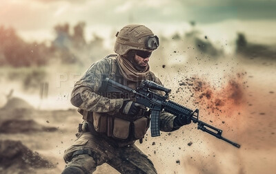 Battlefield, gun and military with people at war for danger, disaster and army. Ai generated, fight and explosion action with soldiers on mission for camouflage, apocalypse and marine service