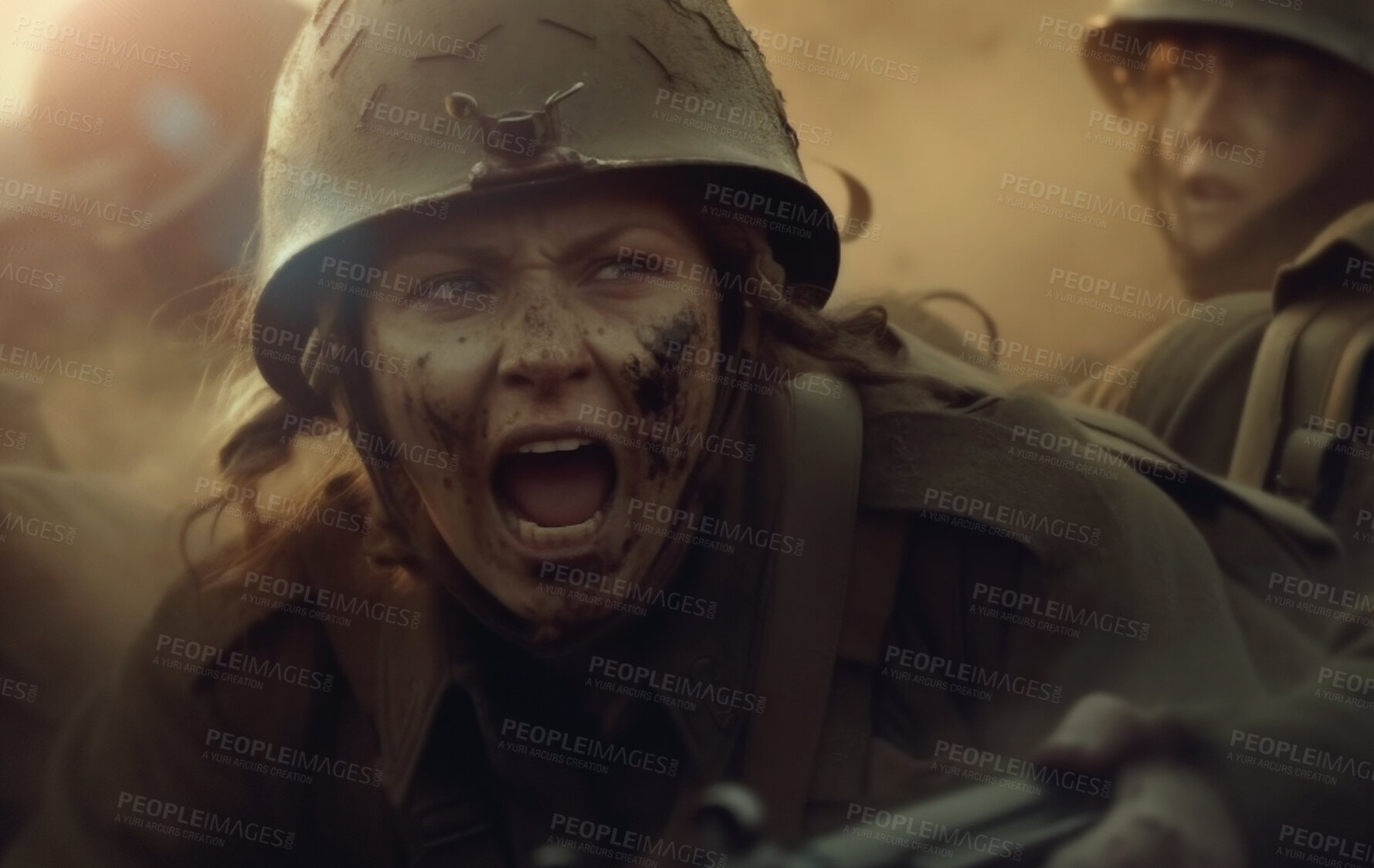 Buy stock photo Battlefield, screaming and military with woman at war for danger, disaster and army. Ai generated, fight and explosion action with soldiers on mission for camouflage, apocalypse and marine service