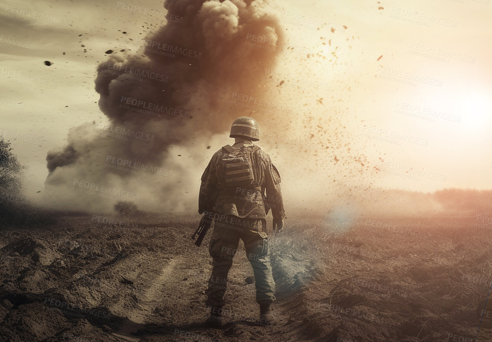 Buy stock photo Explosion, army and disaster with man at war for danger, military and action. Ai generated, fight and fire with soldiers on mission in battlefield for camouflage, apocalypse and marine service