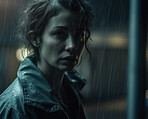 Woman, face or sad in city rain at night with depression, anxiety and lonely. Ai generated, girl and female person portrait in wet weather, cold and dark with stress, burnout and mental health