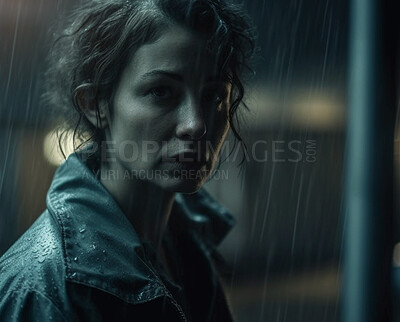 Woman, face or sad in city rain at night with depression, anxiety and lonely. Ai generated, girl and female person portrait in wet weather, cold and dark with stress, burnout and mental health