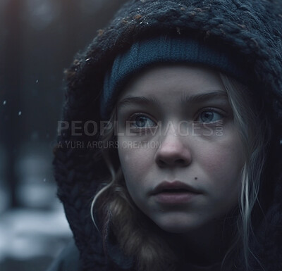Child, face and sad kid in city stress with depression, anxiety and neglect in cold winter snow. Ai generated portrait, closeup or little girl orphan on urban road and thinking with poverty or lonely
