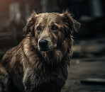 Dog, animal and sad pet in city street with depression, anxiety and neglect after war fight. Ai generated, canine and Basque Shepherd on urban road with lonely, hopeless and homeless expression