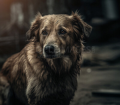 Dog, animal and sad pet in city street with depression, anxiety and neglect after war fight. Ai generated, canine and Basque Shepherd on urban road with lonely, hopeless and homeless expression