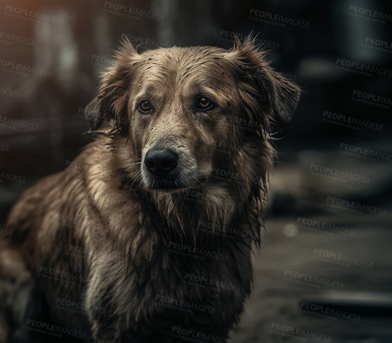 Buy stock photo Dog, animal and sad pet in city street with depression, anxiety and neglect after war fight. Ai generated, canine and Basque Shepherd on urban road with lonely, hopeless and homeless expression