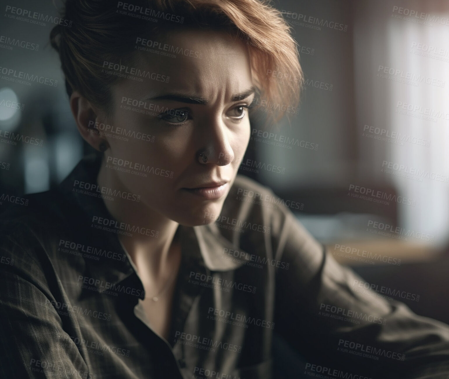 Buy stock photo Woman, thinking and frustrated in house living room, apartment and home in depression, anxiety and lonely. Ai generated, stress and female person in lounge with anger, annoyed and planning future