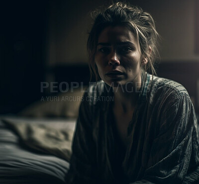 Woman, face or sad in house bedroom, apartment and home in depression, anxiety and lonely. Ai generated, girl and female person portrait on bed in stress in social distancing lockdown and quarantine