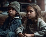 Children, youth and sad kids sitting on sofa in house living room, orphanage and home in depression, anxiety and neglect. Ai generated boy, girl and little siblings on lounge couch with stress