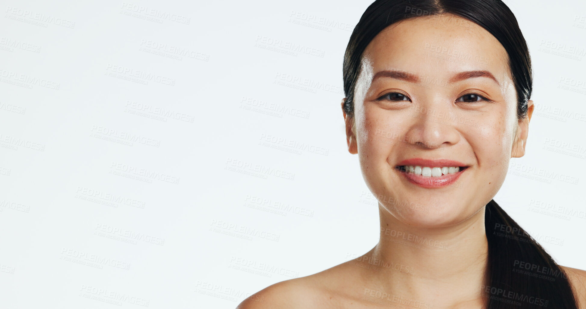 Buy stock photo Face, asian woman and laughing for beauty in studio, isolated white background and mockup space. Portrait, happy female model and advertising mock up of dermatology, skincare or cosmetics coming soon