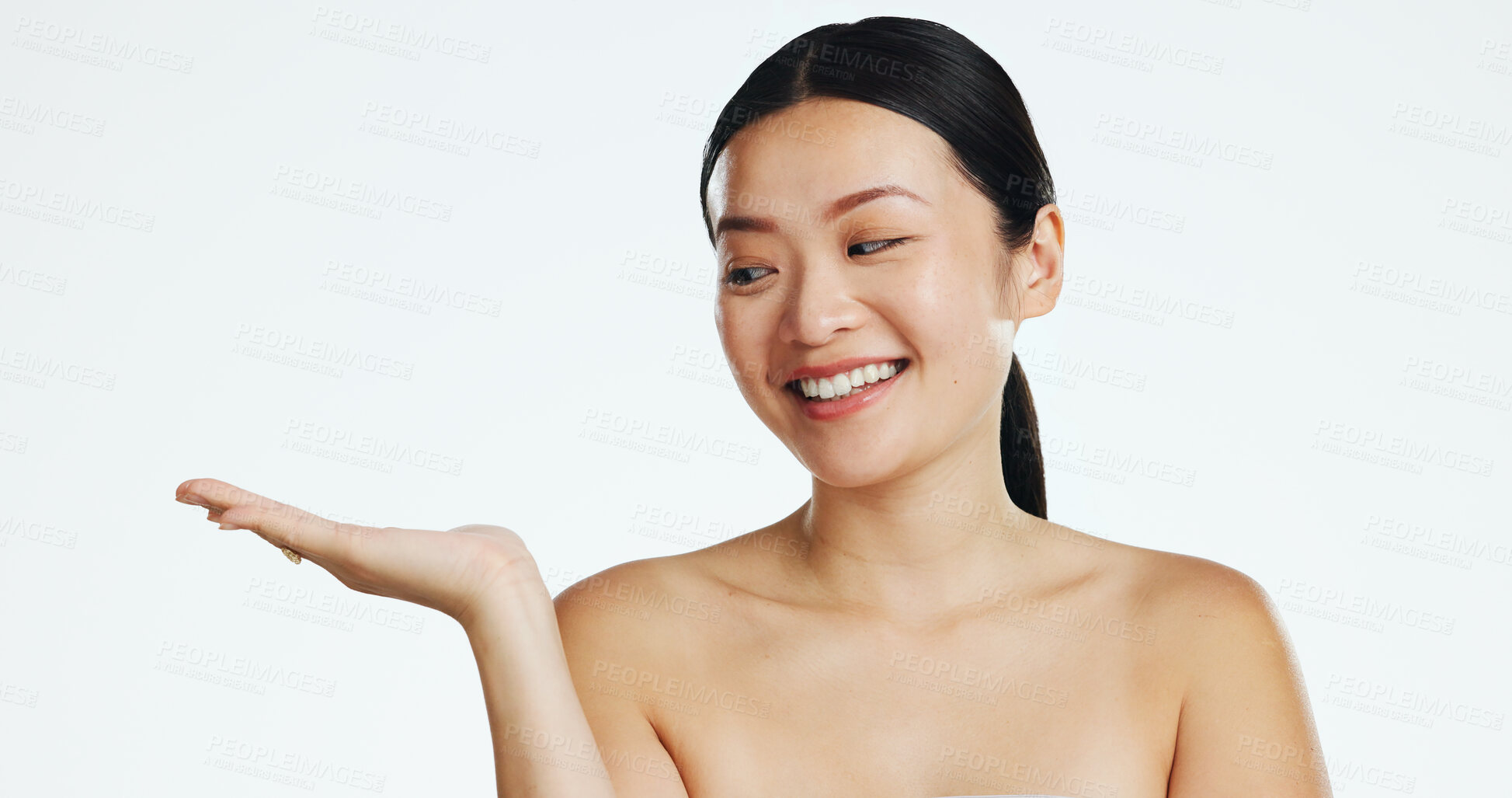 Buy stock photo Asian woman, face and advertising space for beauty on white background, mockup and studio. Happy portrait, female looking skincare model and hands marketing cosmetics promotion, product placement and mock up