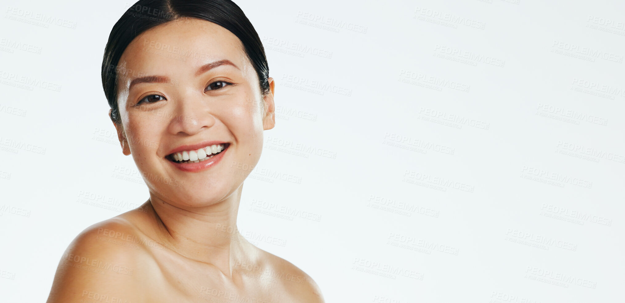 Buy stock photo Skincare, asian woman and face of beauty, smile or happiness of laser results on white background. Happy model, studio portrait and aesthetic wellness of salon cosmetics, healthy shine or dermatology