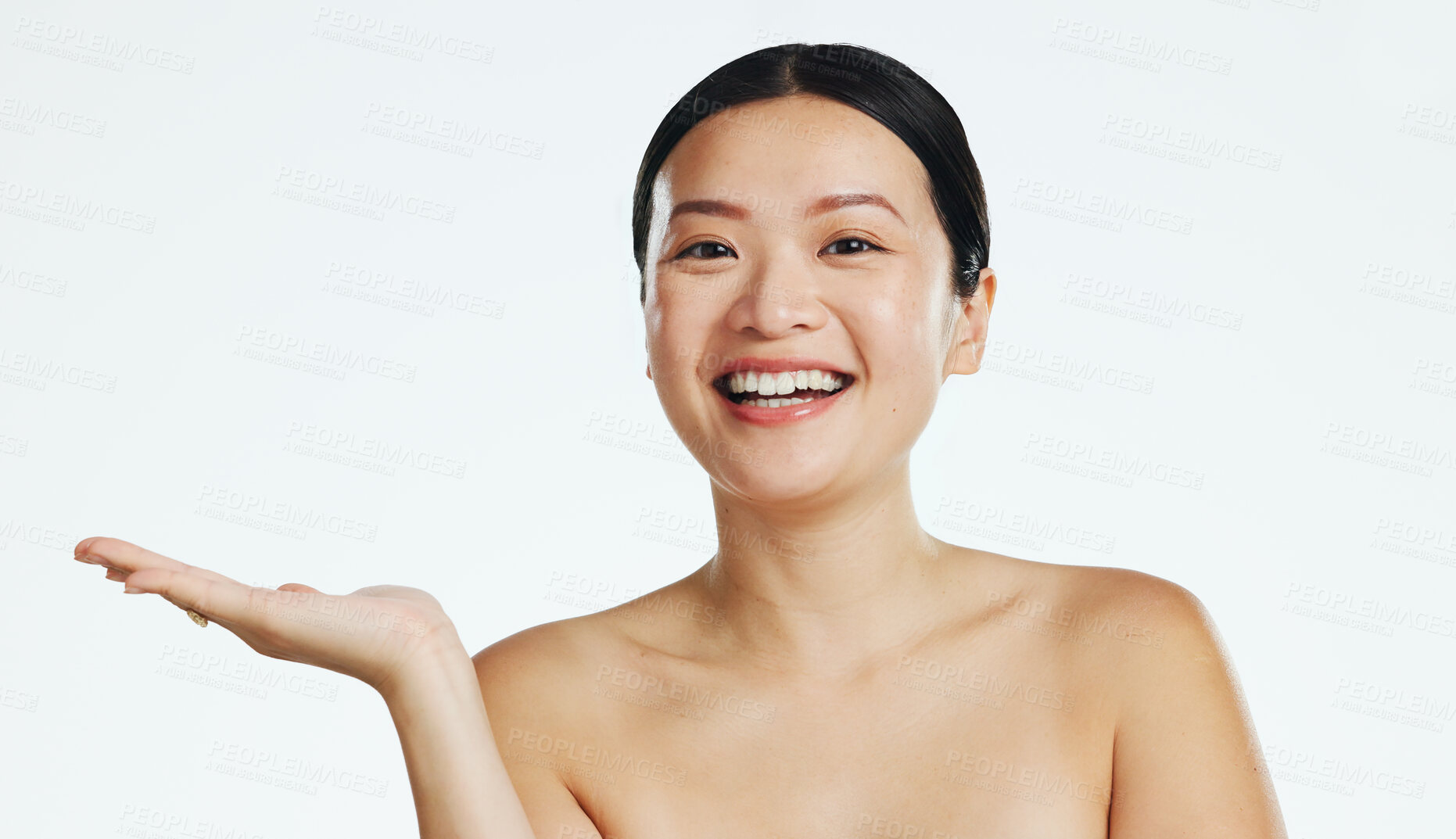 Buy stock photo Asian woman, face and advertising space for beauty on white background, mockup and studio. Happy portrait, female skincare model and hands marketing cosmetics promotion, product placement and mock up