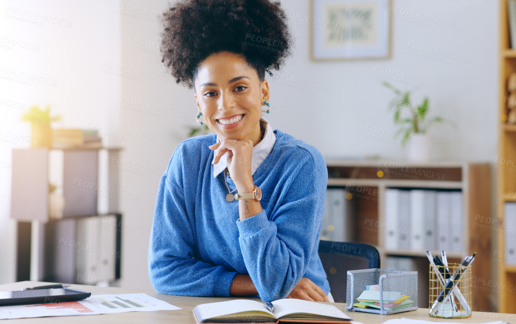 Buy stock photo Portrait, businesswoman and thinking with smile in office with report, technology and notebook. African person, female or entrepreneur with vision, idea and happy for marketing, charts or planning