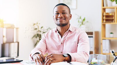 Buy stock photo Portrait, businessman and happy with smile in office with hands, notebook and tablet for online report. African person, male or manager at desk with financial planning, marketing or customer feedback