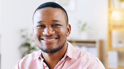 Buy stock photo Portrait, smile and black man in office for business, startup company or creative workplace. Face, happy African professional entrepreneur or designer, positive employee and male worker in Nigeria