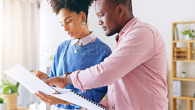 Buy stock photo Documents, discussion and business people in the office doing research in collaboration for creative project. Paperwork, teamwork and professional designers working together in modern workplace.