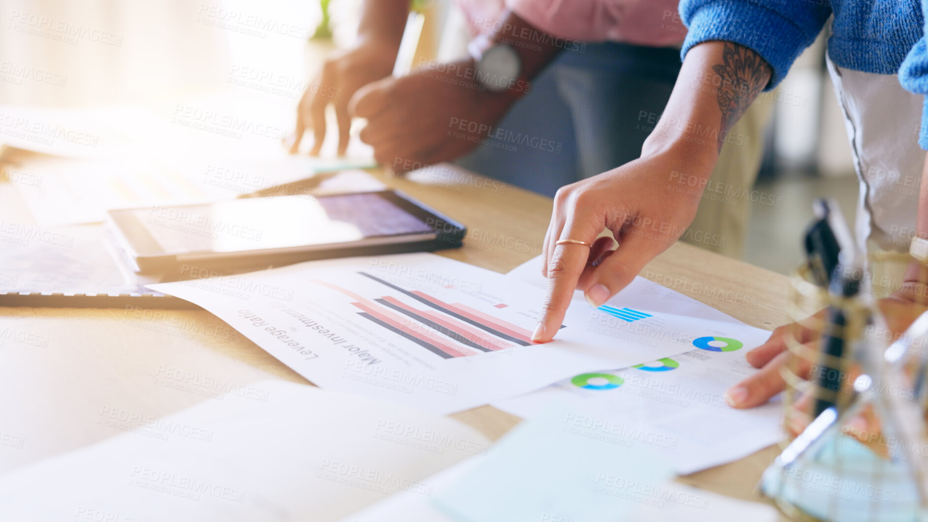 Buy stock photo Closeup, businesswoman and report with analytics in office for review, strategy and feedback on customer service. Leadership, teamwork or management for brainstorming by online, tablet and document
